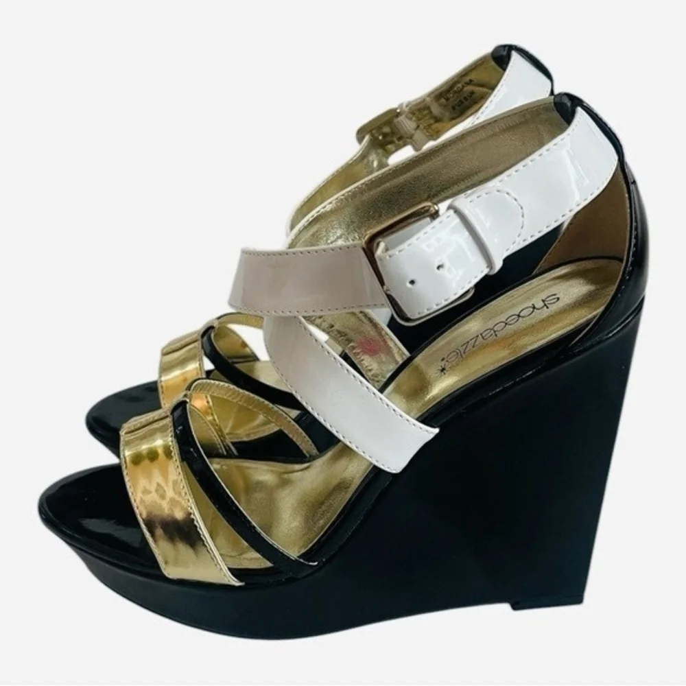 SHOEDAZZLE MORGANA Black Gold White Open Toe Platform Wedge Sandals Size 8
